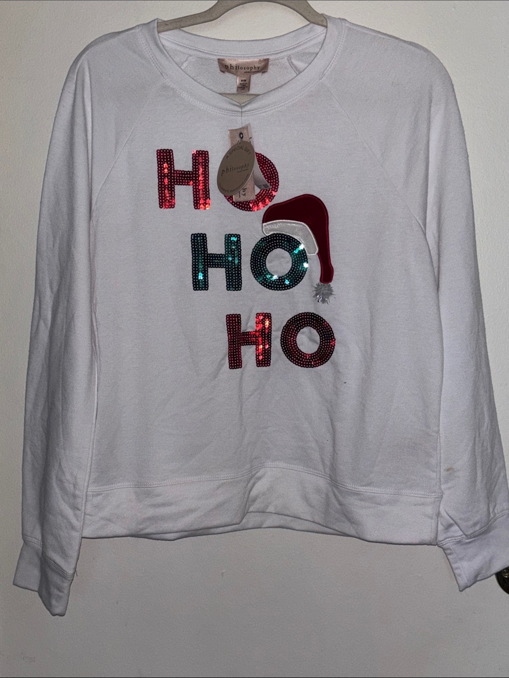 philosophy White Sequin "HO HO HO" Holiday Sweatshirt with Red Santa Hat Accent